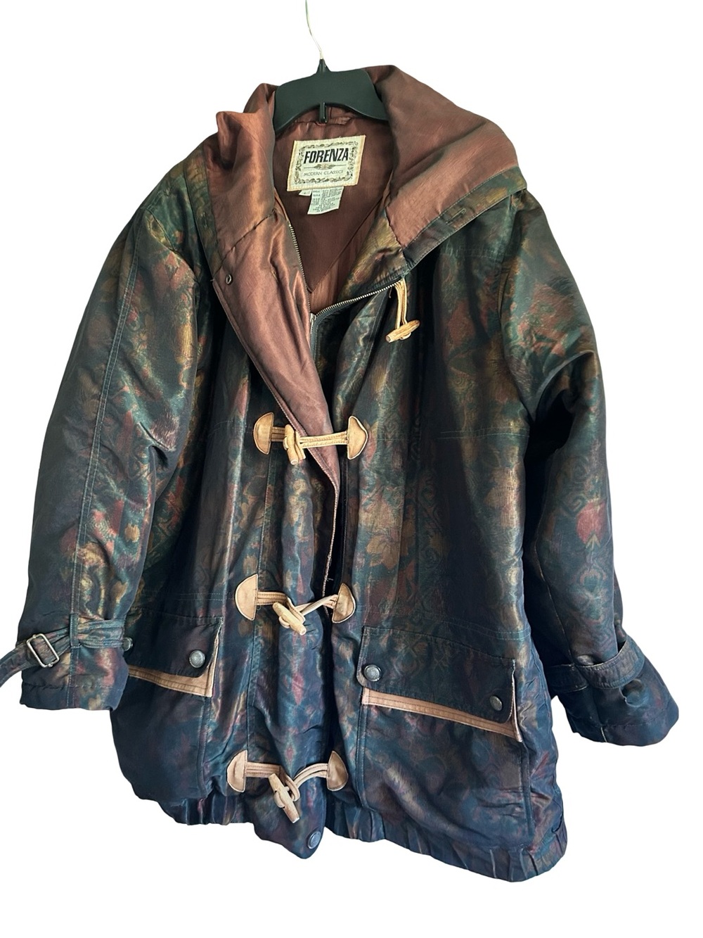 Vintage Forenza Puffer Lightweight Paisley Hooded Parka Leather Accents to Sz L - Picture 2 of 9